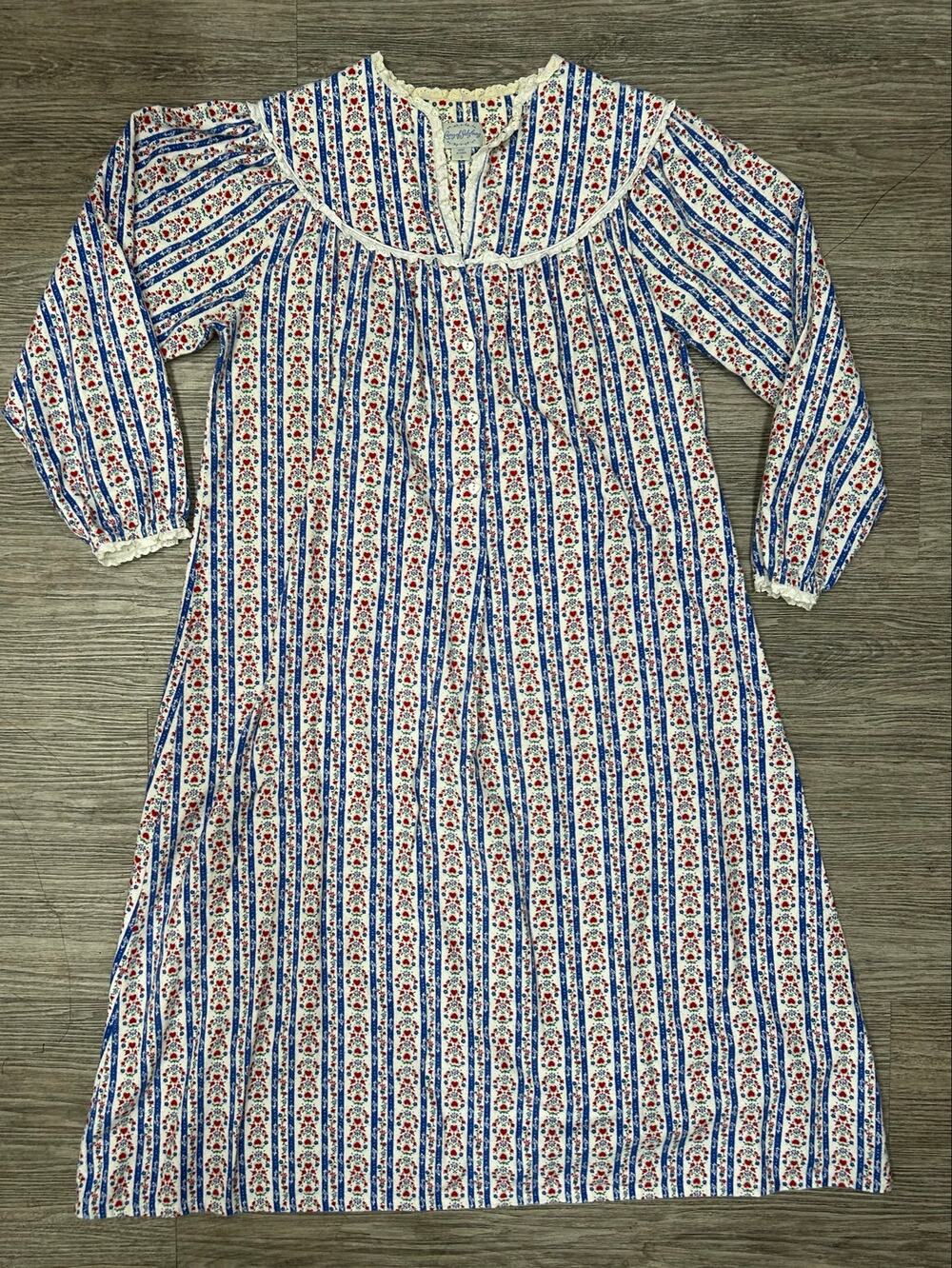 Vintage Lanz of Salzburg Floral Heart Stripe Long Sleeve Nightgown Dress Small S